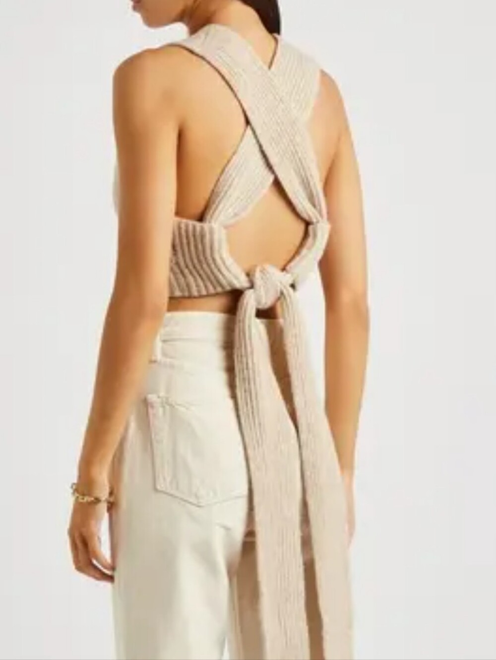 A.L.C. Ribbed Knit Crisscross Open-Back Crop Top in Beige